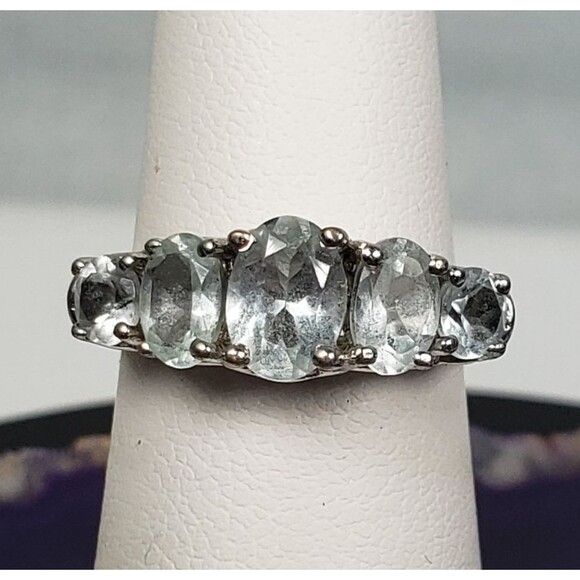 Vintage 5 Round Aquamarine Stones Signed STS 925 Ring Size 5 - Picture 2 of 16